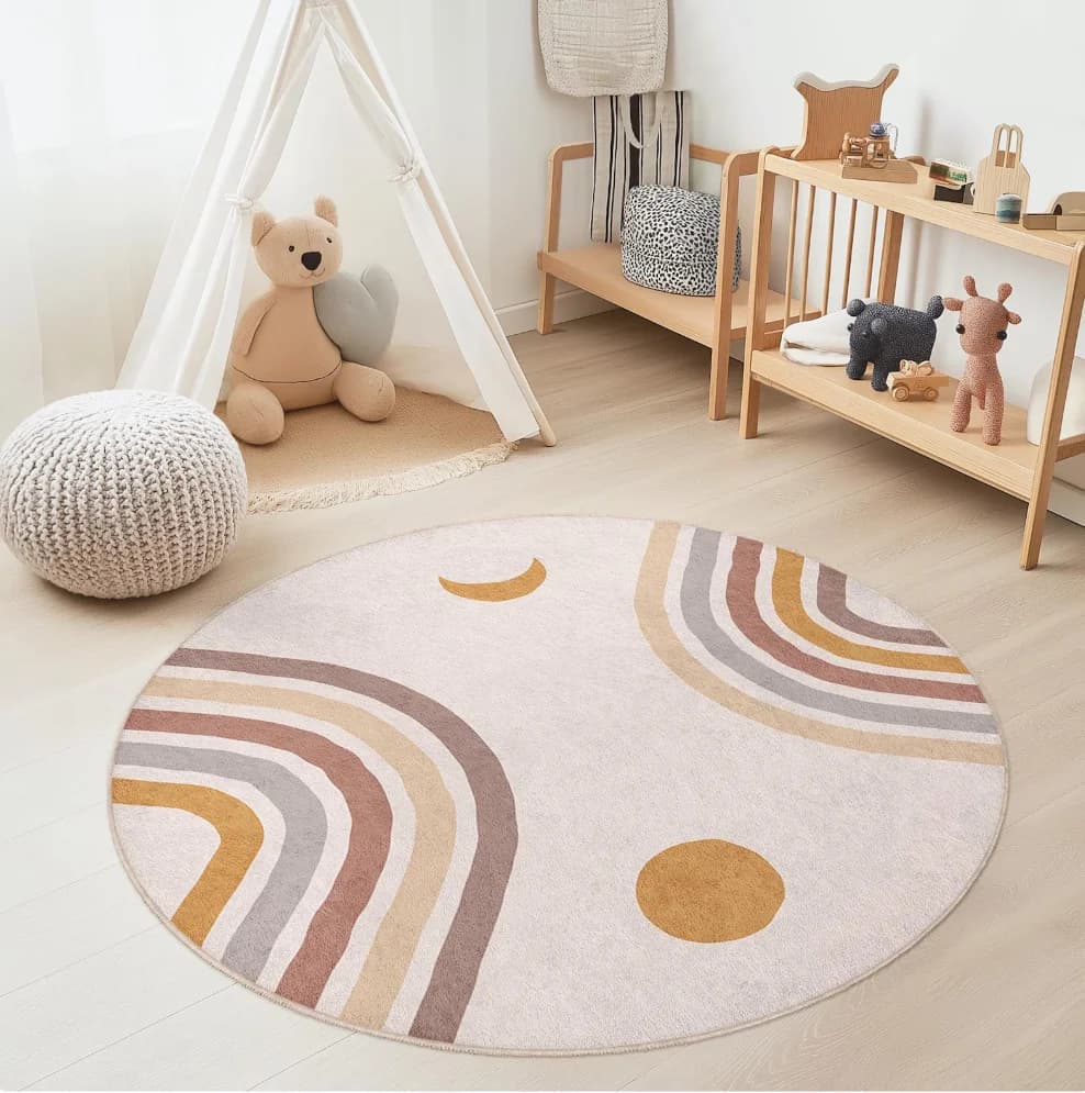 Round Kids Room Cute Geometric Theme Area Rug Rainbow Cloud Mat Non Slip Soft Safe Stylish for Bedroom Playroom Home Decor