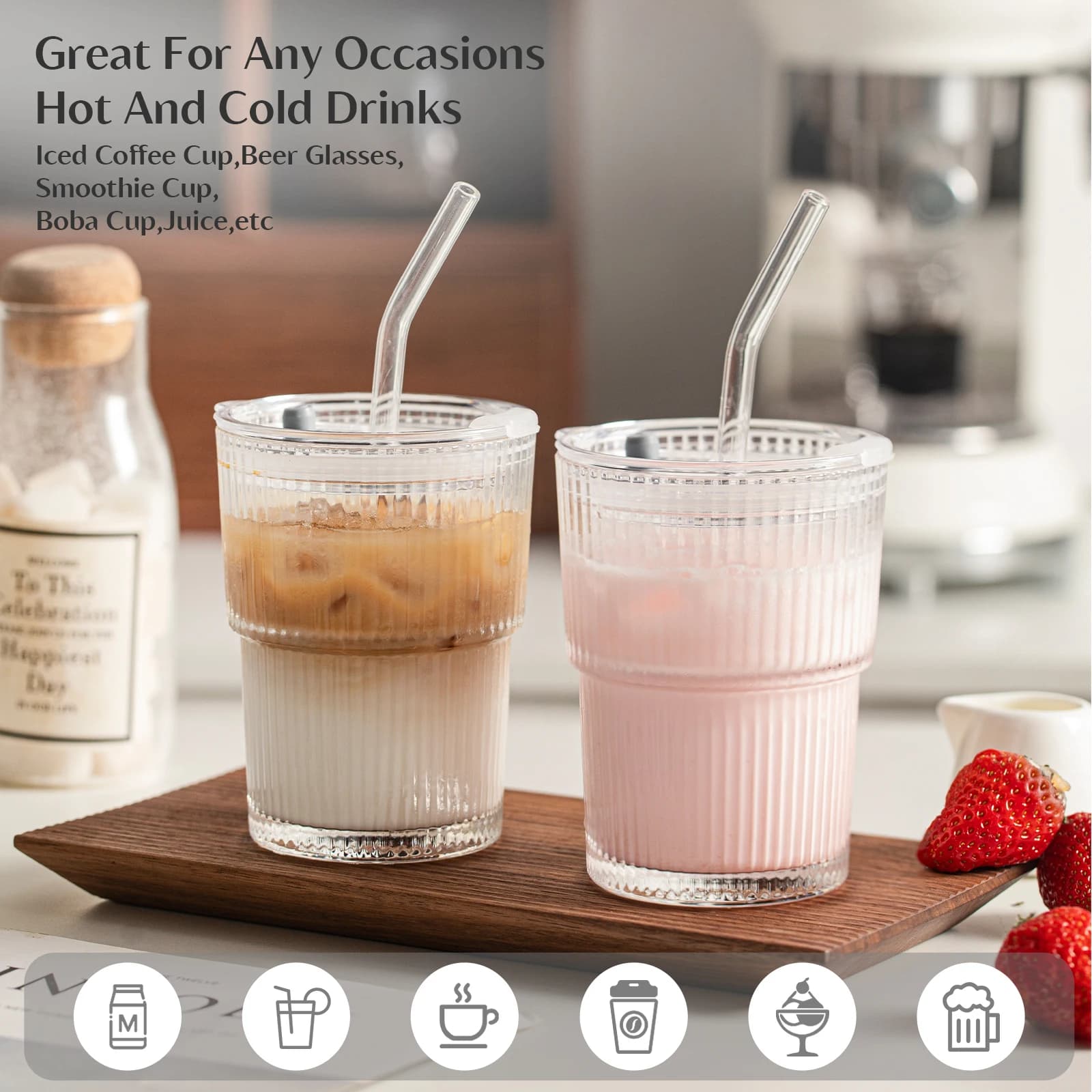 Glass Cups With Lids and Straws