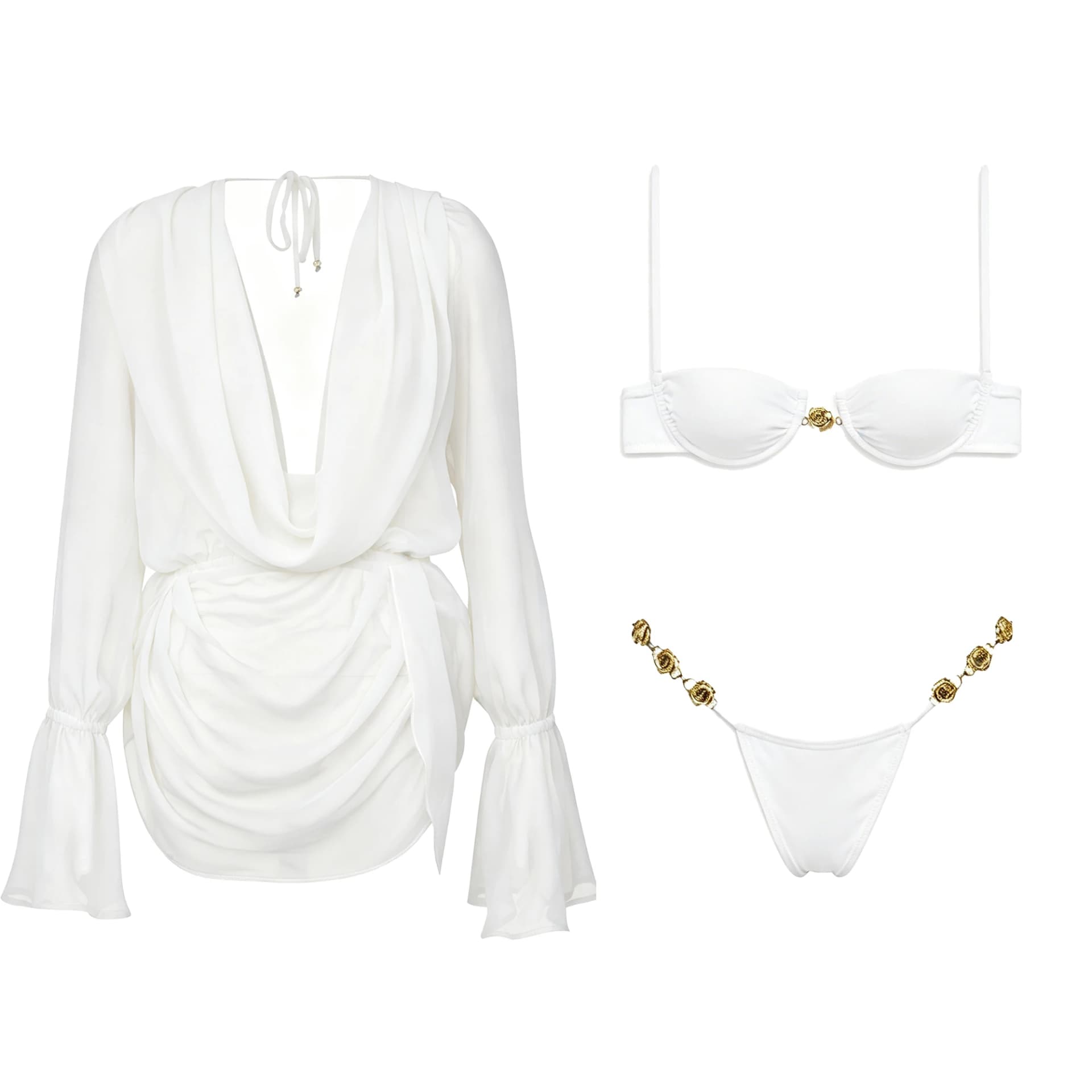 White Halter High-Leg Bikini With Skirt
