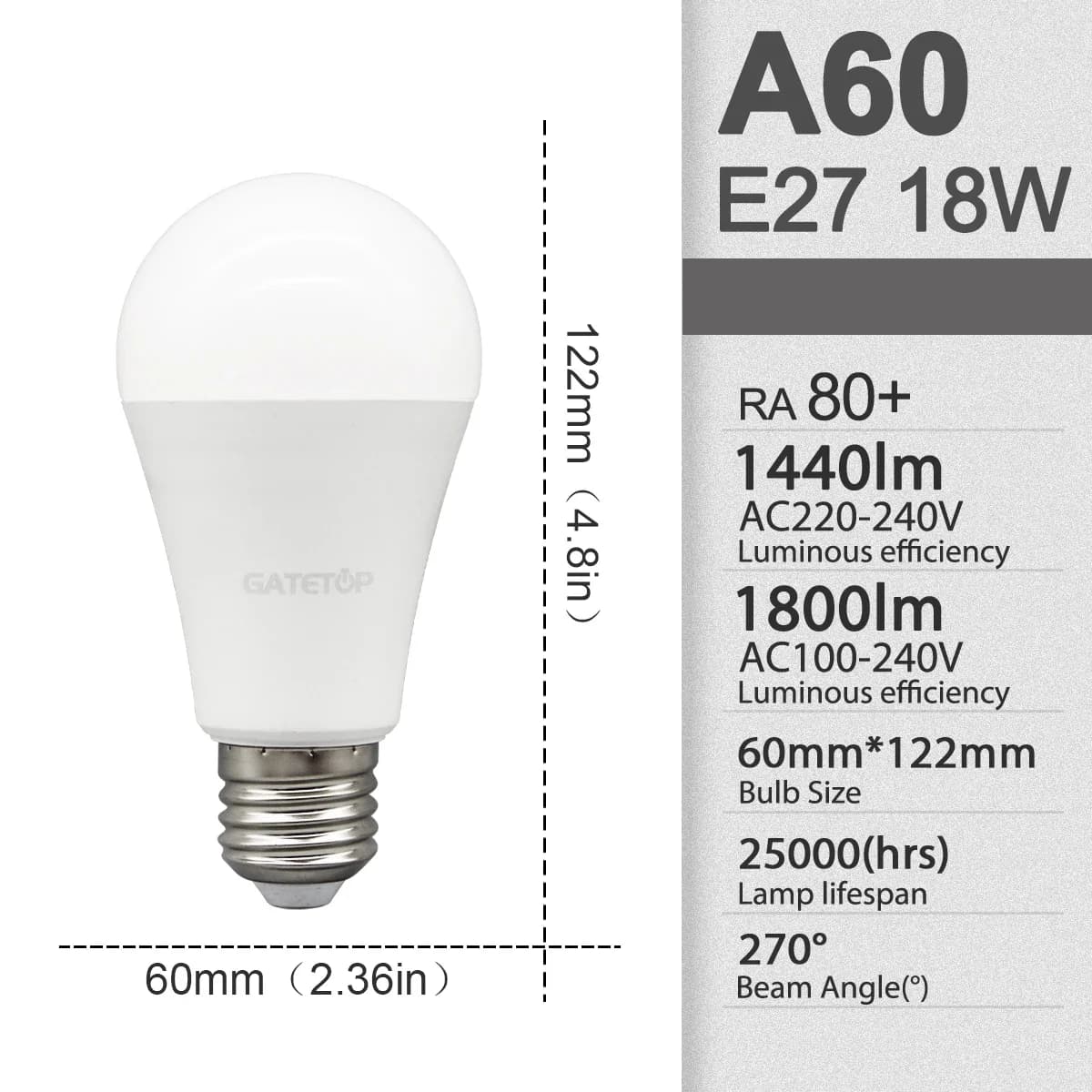 A60 18W / 6000K Cold white / AC100-240V