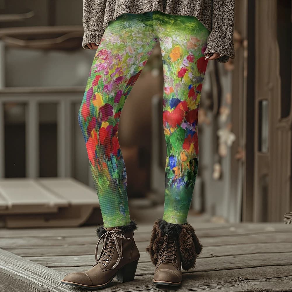 Colorful Blooming Flowers Pattern Women's Leggings Autumn Winter Warm Fashion Tights Stylish Outdoor Look Fashion Streetwear