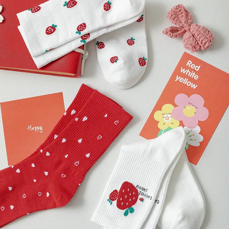 Cotton Socks Women Strawberry Heart Print Japanese Style
