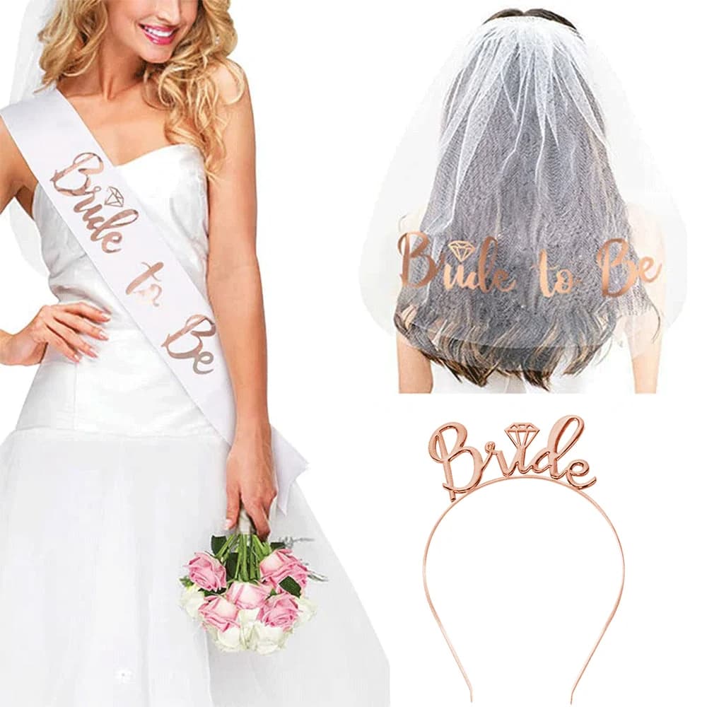 Rose Gold Bridal Veil Headband and Strap Set