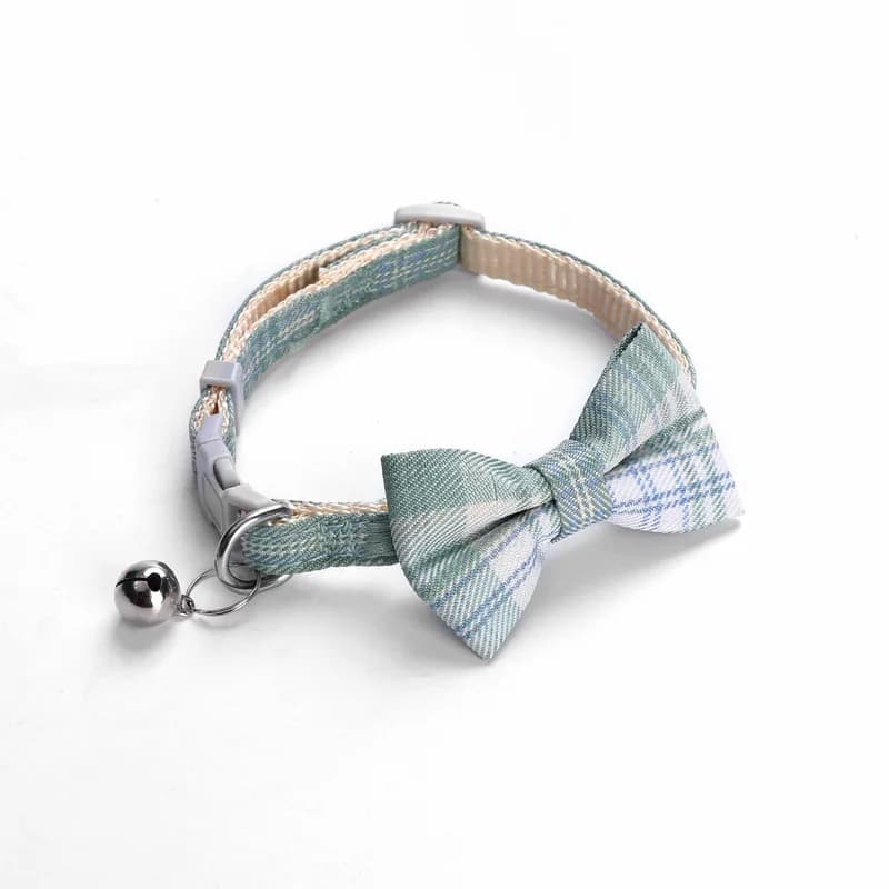 Adjustable Pet Collar with Bell and Plaid Bowtie