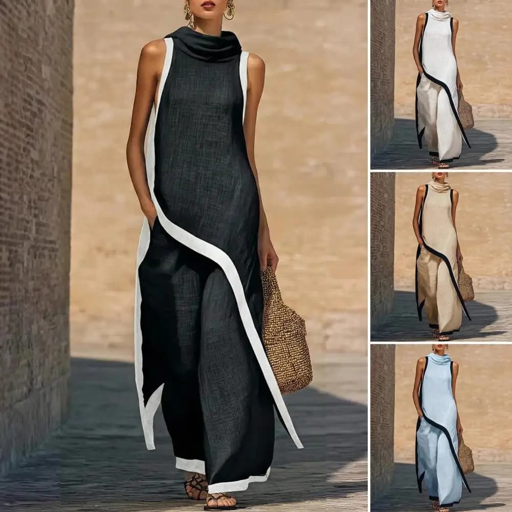 Women Fashion  Color Block Cotton Linen Two-Piece Outfit Asymmetrical Hem Mock Neck Sleeveless Top Wide-Leg Pants Vacation Sets