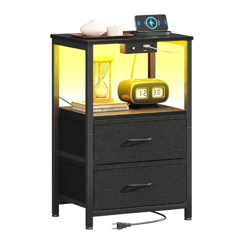 Night Stand with Charging Station and LED Lights End Table for Bedroom with 2 Fabric Drawers Storage Shelf Bedside Table Black