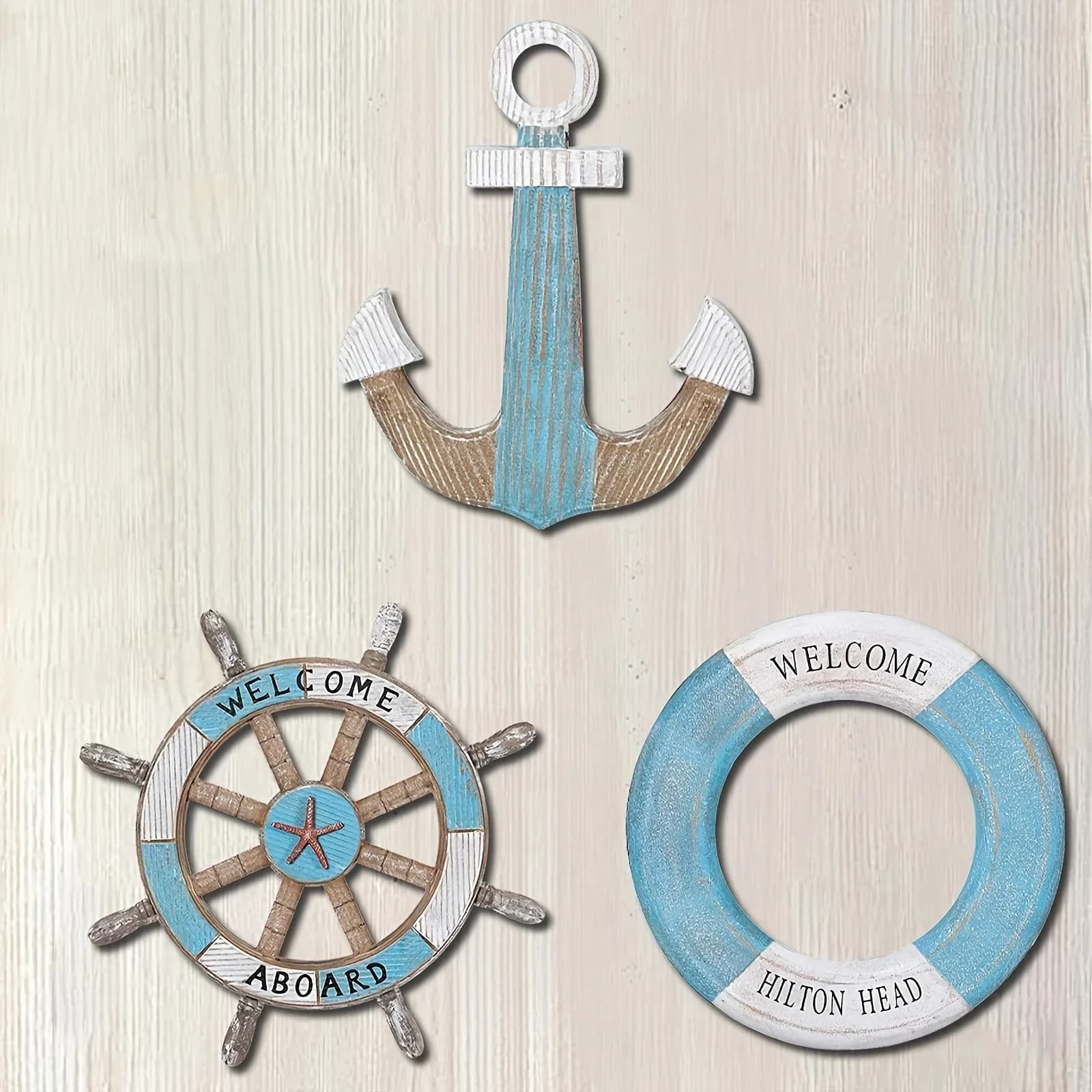 1 Set of Nautical-Themed Home Decor Wooden Anchors, Helms, and Lifebuoys Ocean-Themed Wall Decorations Indoor Nautical Decor Can Be Used for Wall Decoration at Outdoor Parties and Garden Gatherings