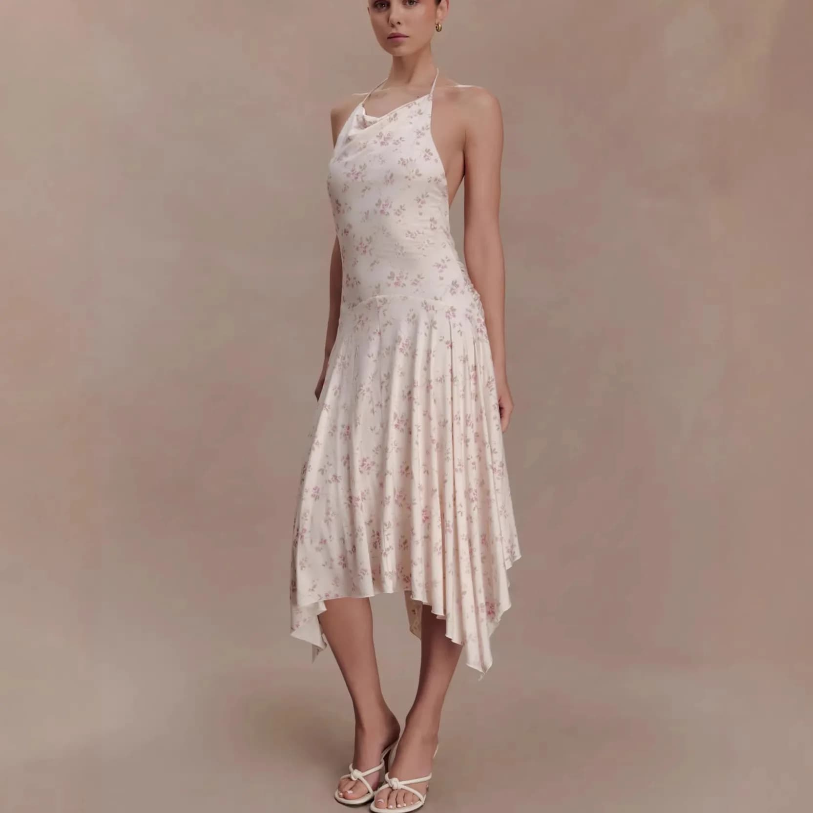 Women's Fashion New French Retro Irregular Floral Skirt Sexy Backless European and American Strappy Dress for Women