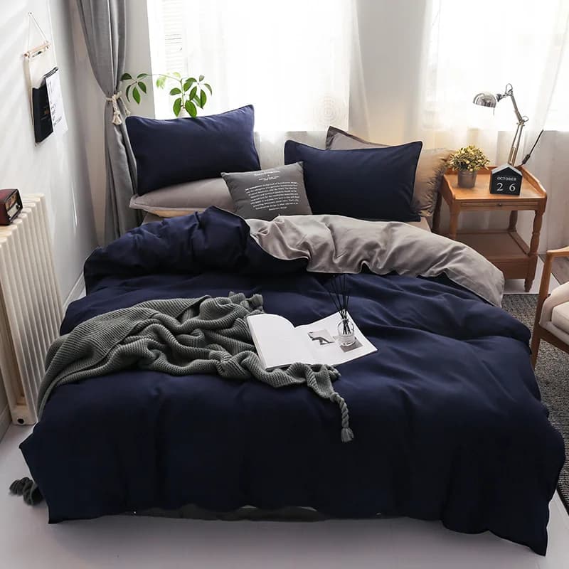 Simple Solid Sanding Bedding Set 4Pcs Two-Color Soft Bedclothes for Four Seasons Skin-Friendly Bedroom Decor for Adult Students