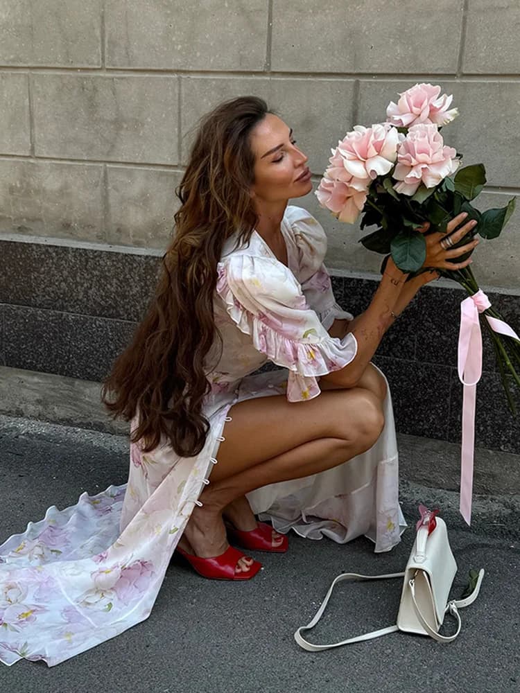 Print Dress Women's Floral Dresses Deep V-Neck Puff Sleeves Waist Button Elegant Linen Blend Maxi Dress Woman Clothes Daily Wear