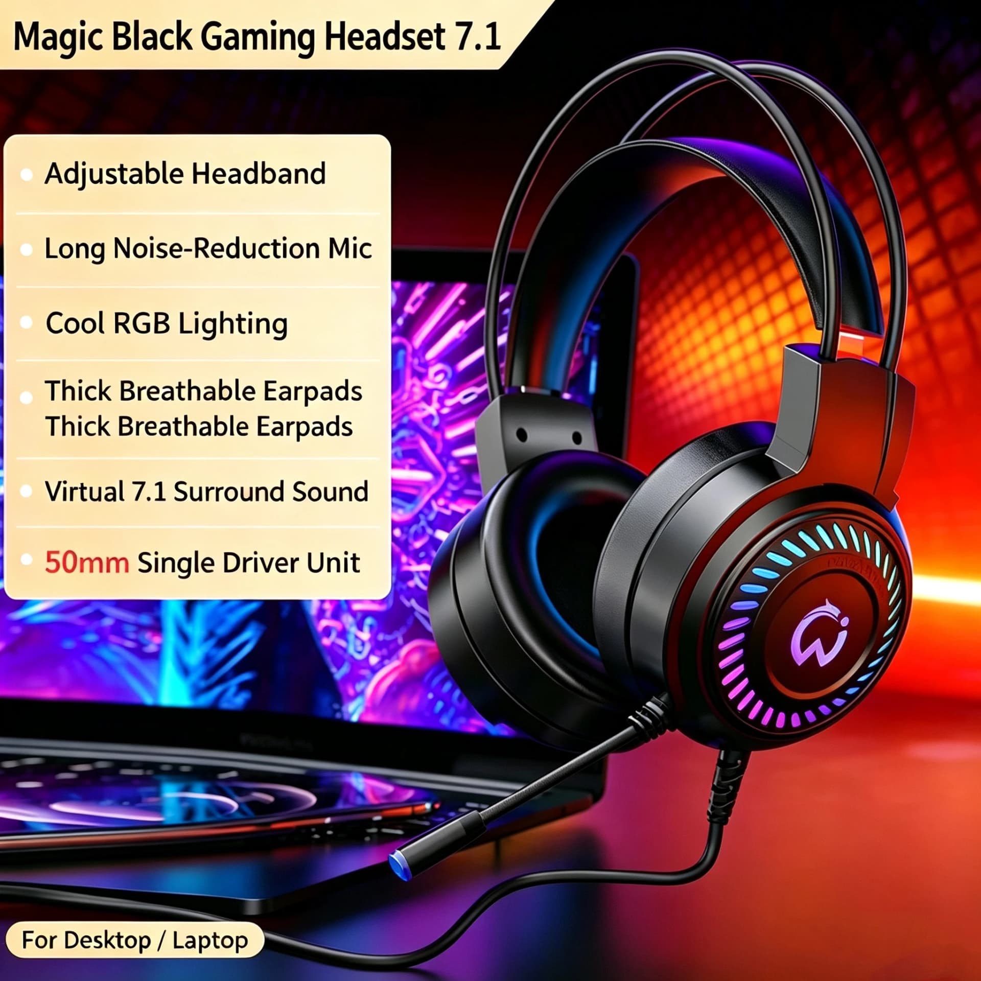 Gaming Headset 7.1 Virtual Surround Sound Wired