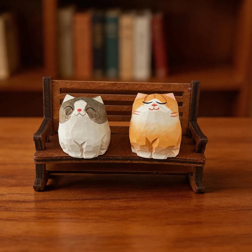 Hand Carved Wooden Cat Figurines Cute Kitten Statue with Mini Bench Home Orange Calico Cat Ragdoll Cat Desktop Ornament Gift