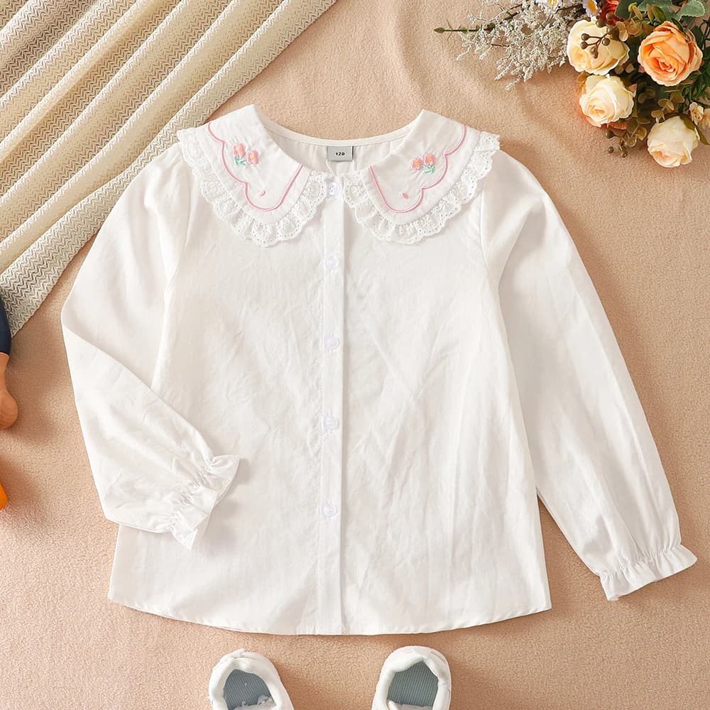 Girls White Cotton Long-Sleeve Ruffled Collar Shirt