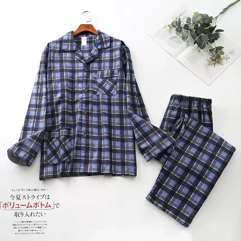 Pajama Men Clothing Sets for Spring Autumn and Winter Long-sleeved Trousers Suits Brushed Cloth Cotton Plaid Pajamas Men Suit