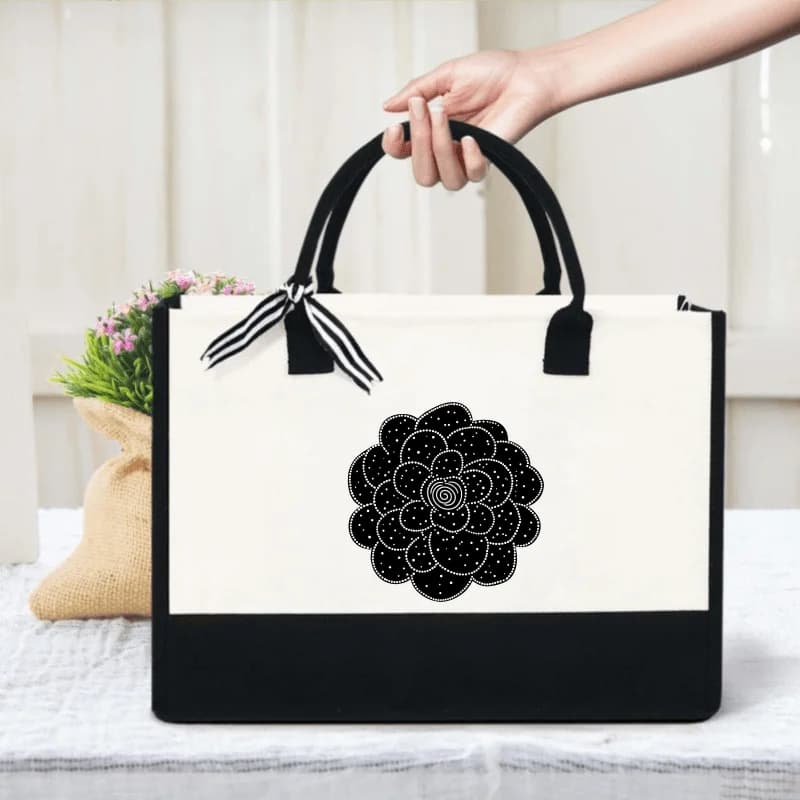 Cream and Black Floral Spiral Canvas Tote