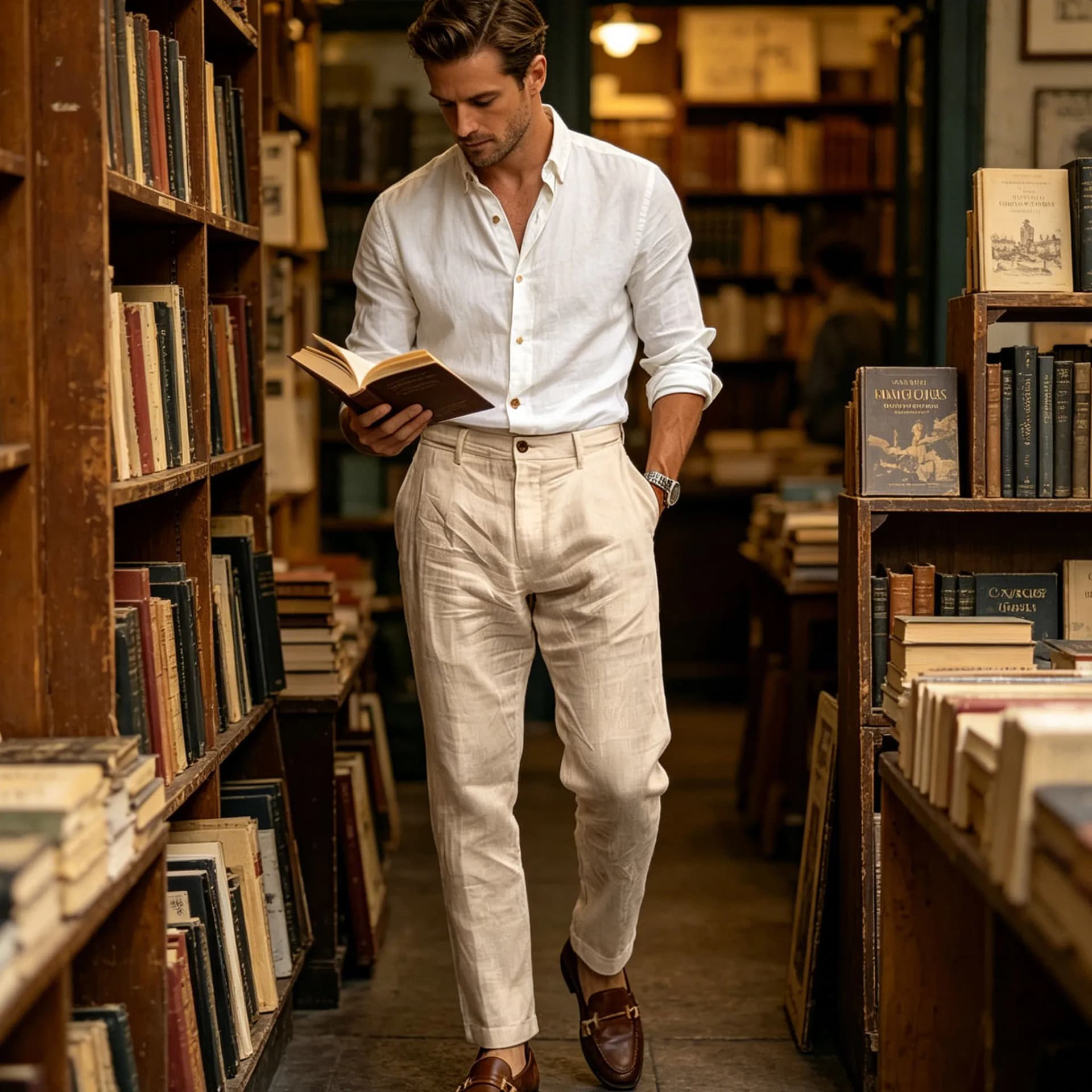 Men's Khaki Linen Blend High Waist Tapered Ankle Pants