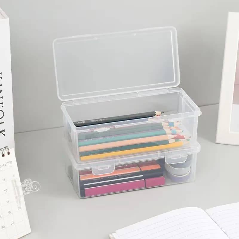 Four Large Transparent PP Storage Boxes with Safety Covers, Suitable for Office Supplies, School Supplies, Markers and Pencils