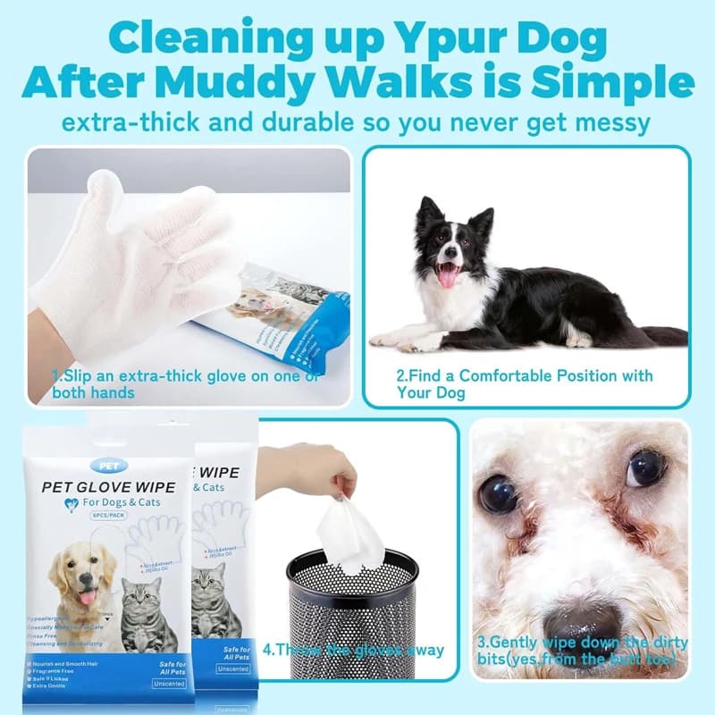 6Pcs Pet Wipes Gloves Free Cleaning Dog & Cat Wipes Puppies and Kittens Bathing Deodorization Paws Disposable Cleaning Gloves