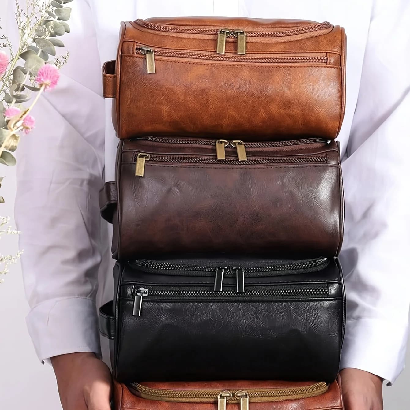 Toiletry Bag for Men, Hanging Travel Shaving Dopp Kit, Water-resistant Toiletries Organizer Bags, PU Leather Cosmetic Bags