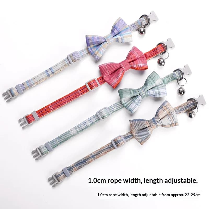 Adjustable Pet Collar with Bell and Plaid Bowtie