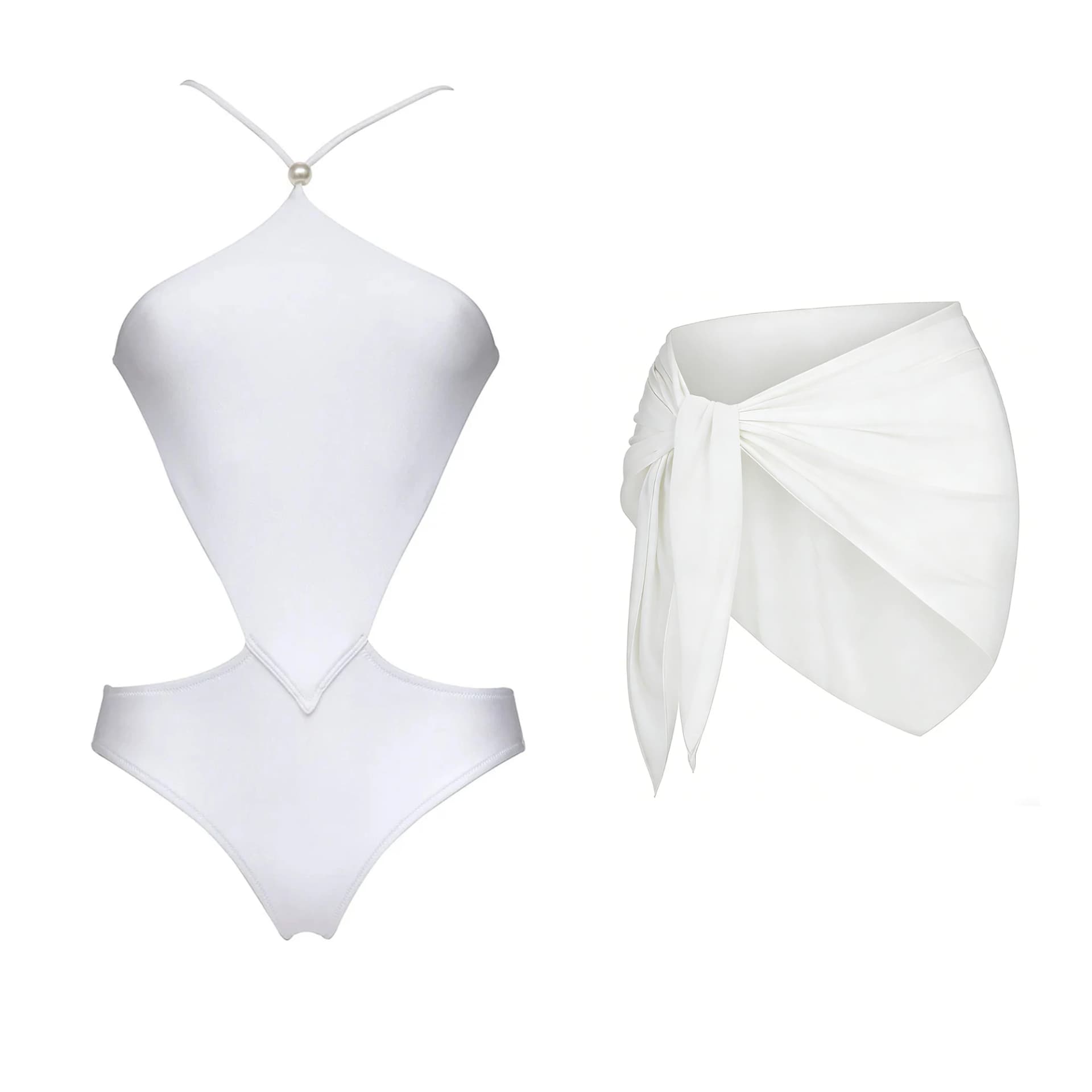White Halter High-Leg Bikini With Skirt