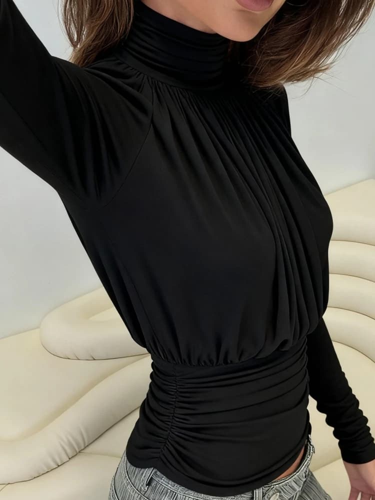 Women's Black Turtleneck Long Sleeve Top