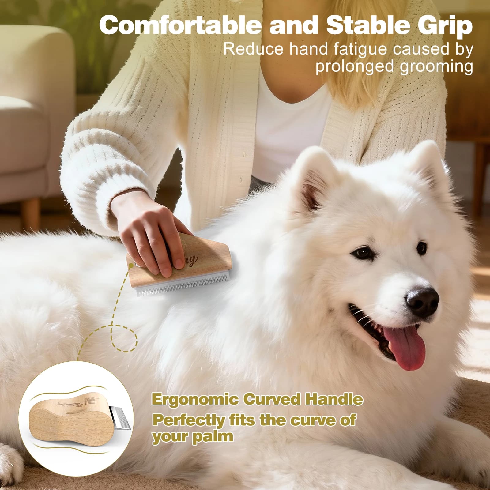 Dog Deshedding Brush with Wooden Handle