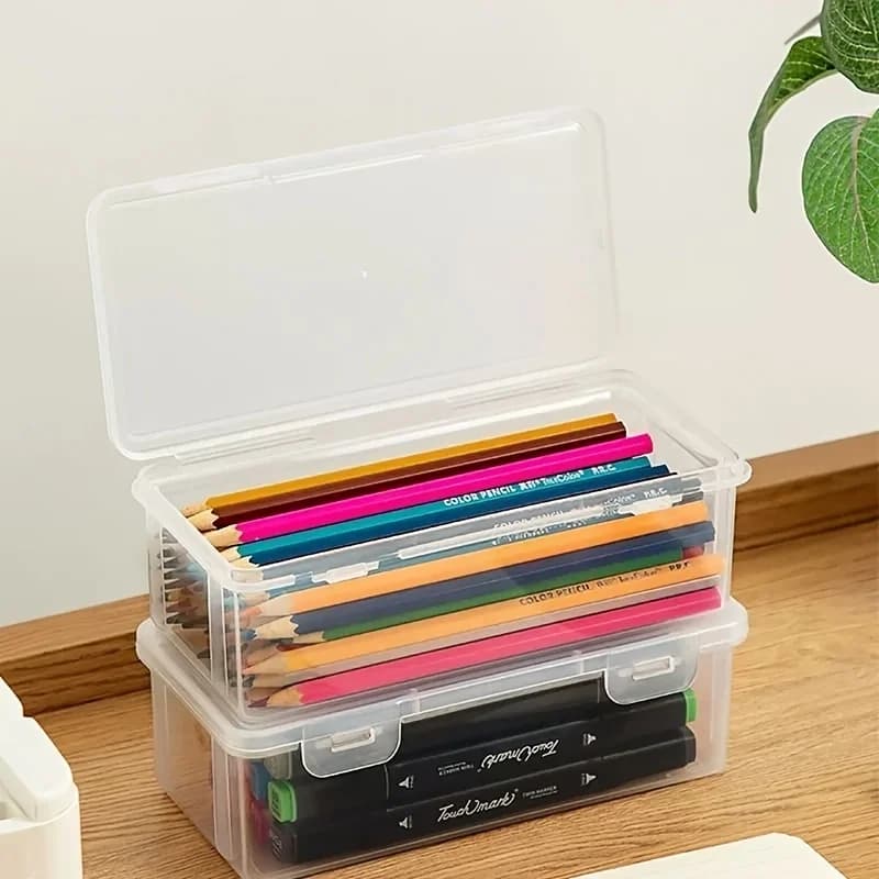 Four Large Transparent PP Storage Boxes with Safety Covers, Suitable for Office Supplies, School Supplies, Markers and Pencils