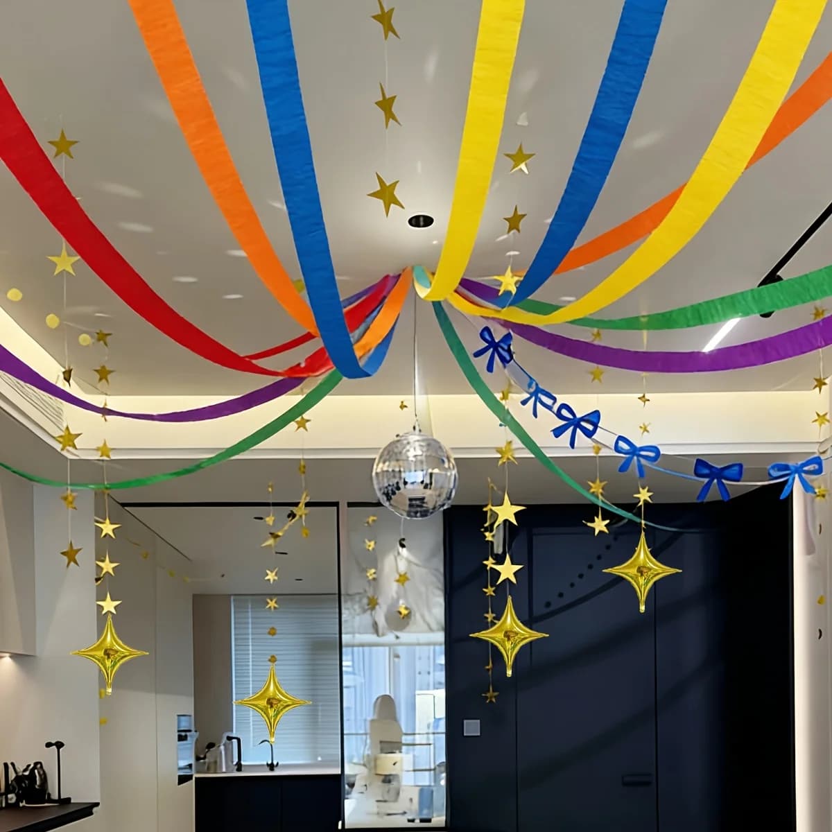 Rainbow Party Decorations Set with 5 Colorful Crepe Paper Streamers,Star Garland for Birthday, Wedding,Graduation Party Supplies