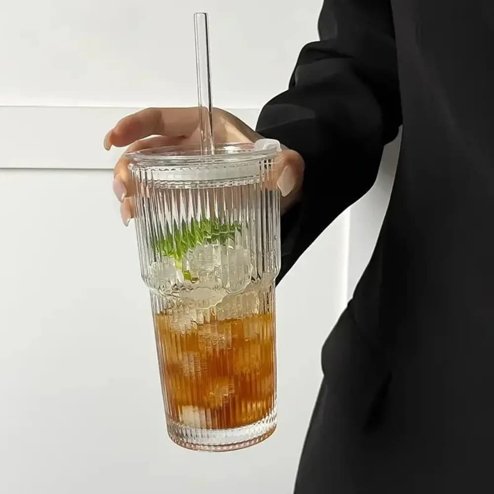 600ml Stripe Glass Cup with Lid and Straw