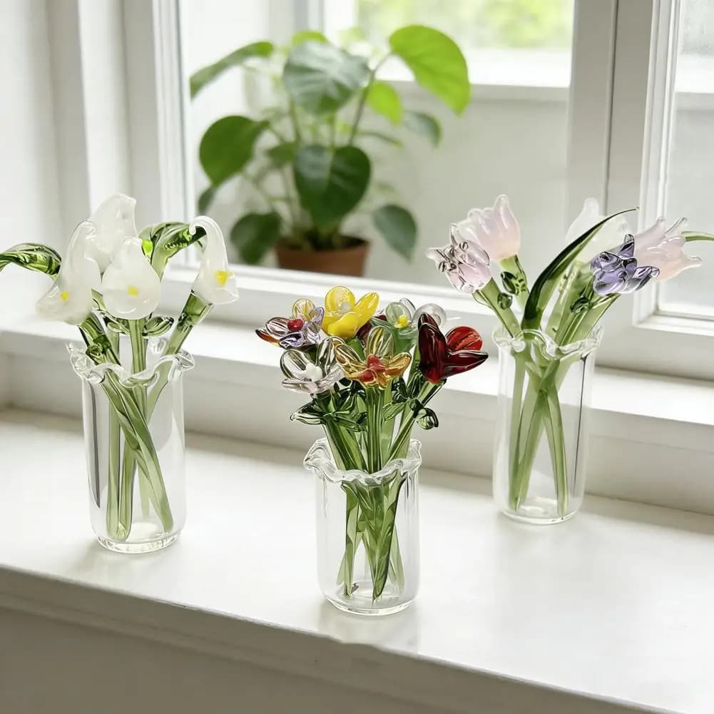 Hand-Blown Glass Flower Bouquet with Vase