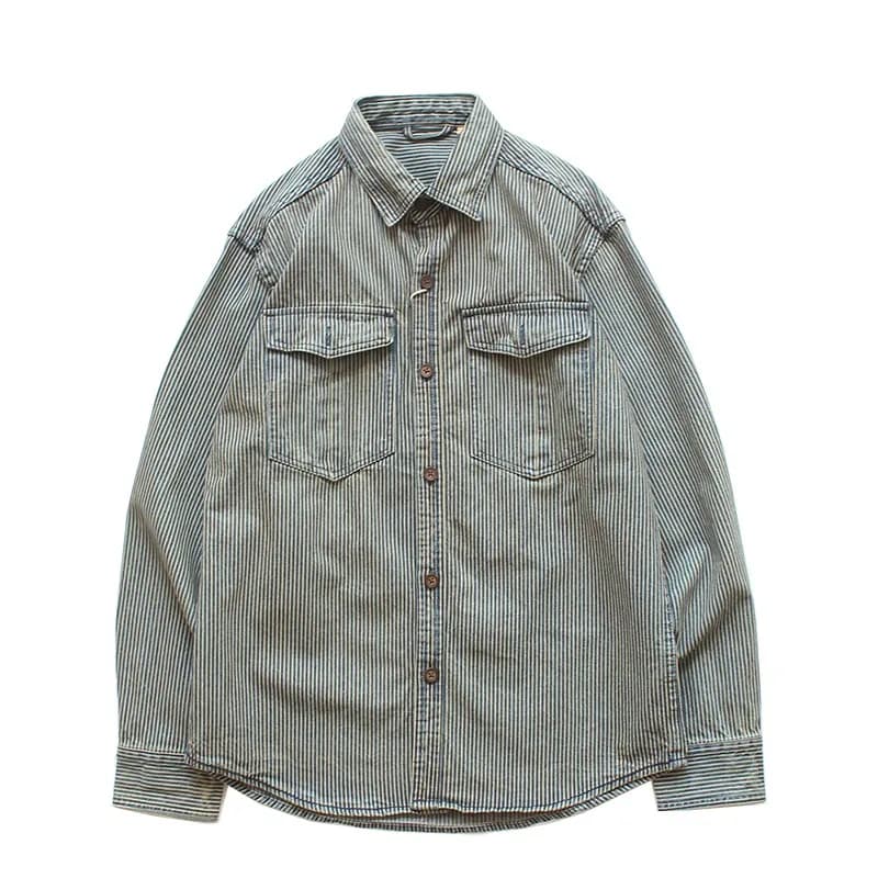 Vintage Washed Striped Denim Shirt Men's Loose Fit