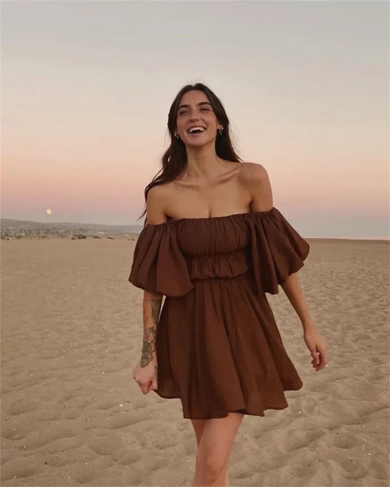 Women's Off-Shoulder Puff Sleeve Summer Tunic Dress