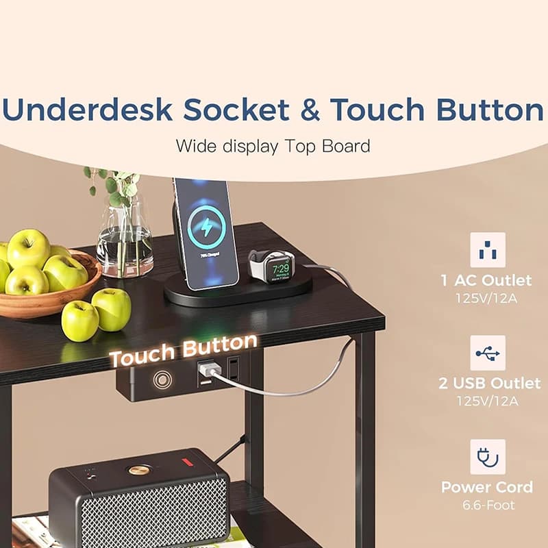 Night Stand with Charging Station and LED Lights End Table for Bedroom with 2 Fabric Drawers Storage Shelf Bedside Table Black
