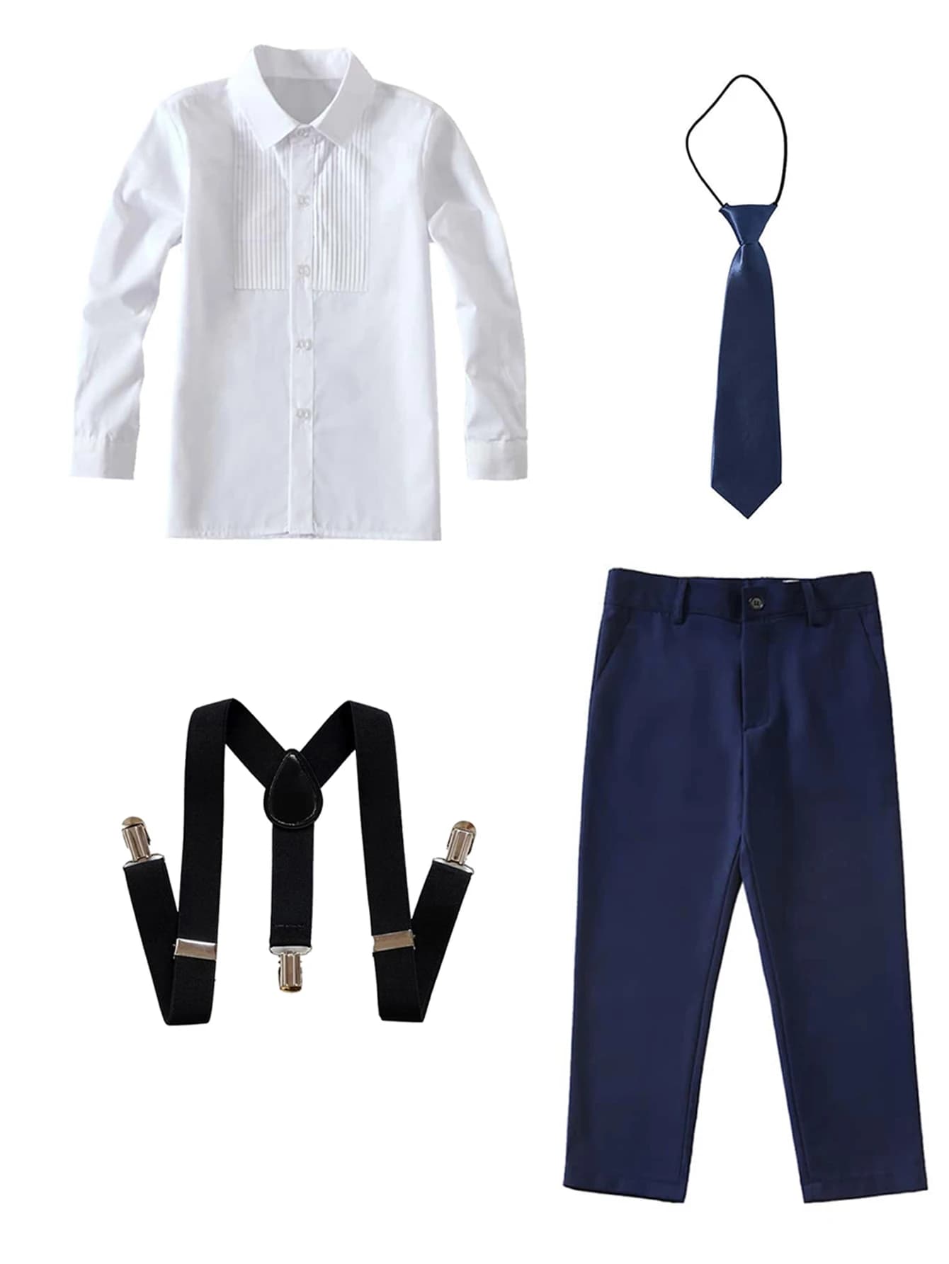 4pcs/set Boys' Suit Set With  Shirt , Pants  Tie And Straps School Uniforms