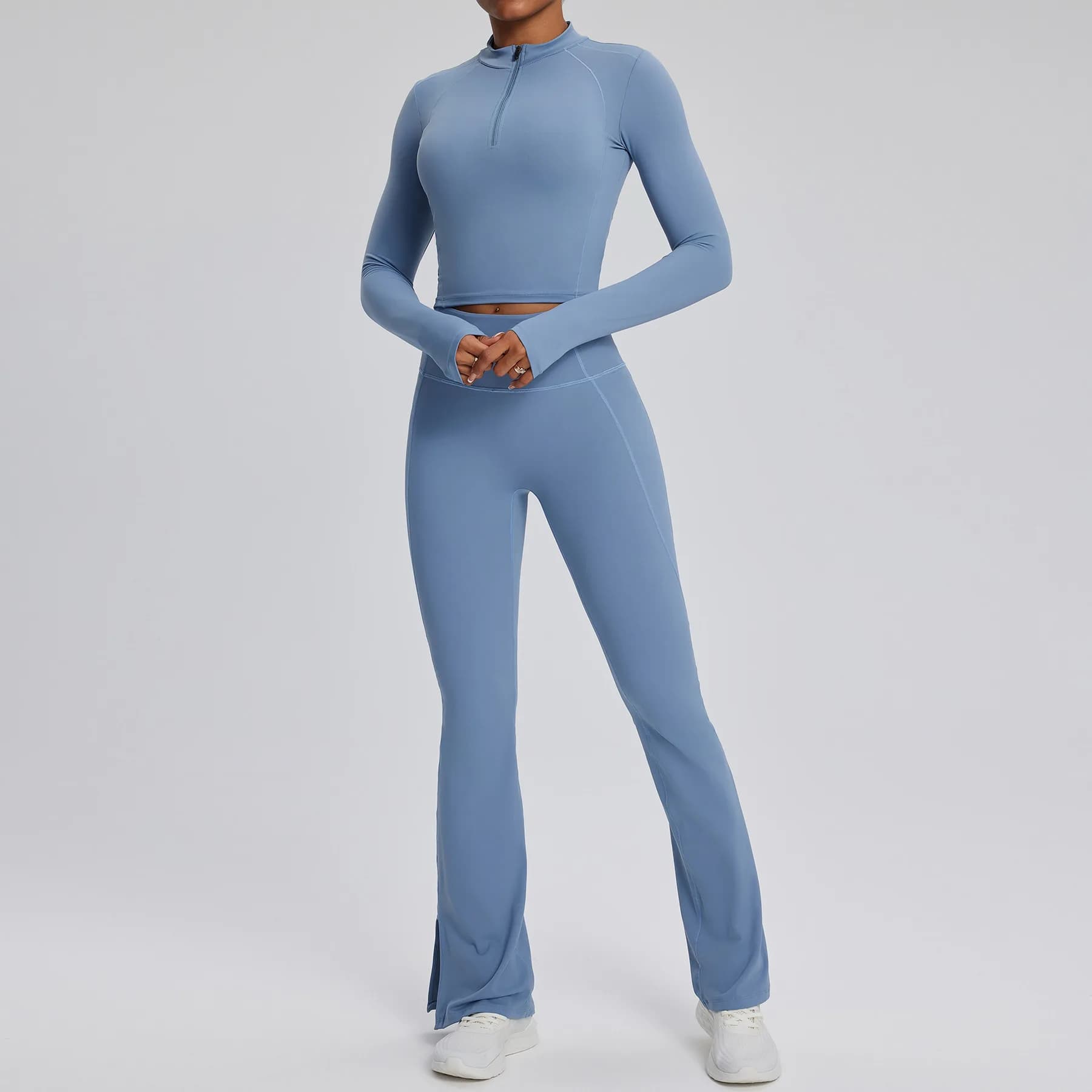 Yoga Set 2PCS Women Gym Long Sleeve Sportswear Workout Clothes Athletic Wear High Waist Bell-bottoms Fitness Bra Sports Suits