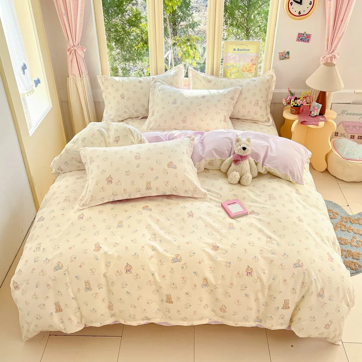 Cartoon Print 100% Cotton Bedding Sets Queen King Floral Duvet Cover Set with Flat Sheets and Pillowcase Single Double Bed Set