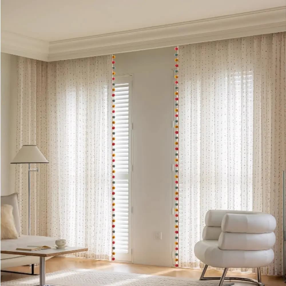 Rainbow Stripe Sheer Curtain Panels with Pompom Trim
