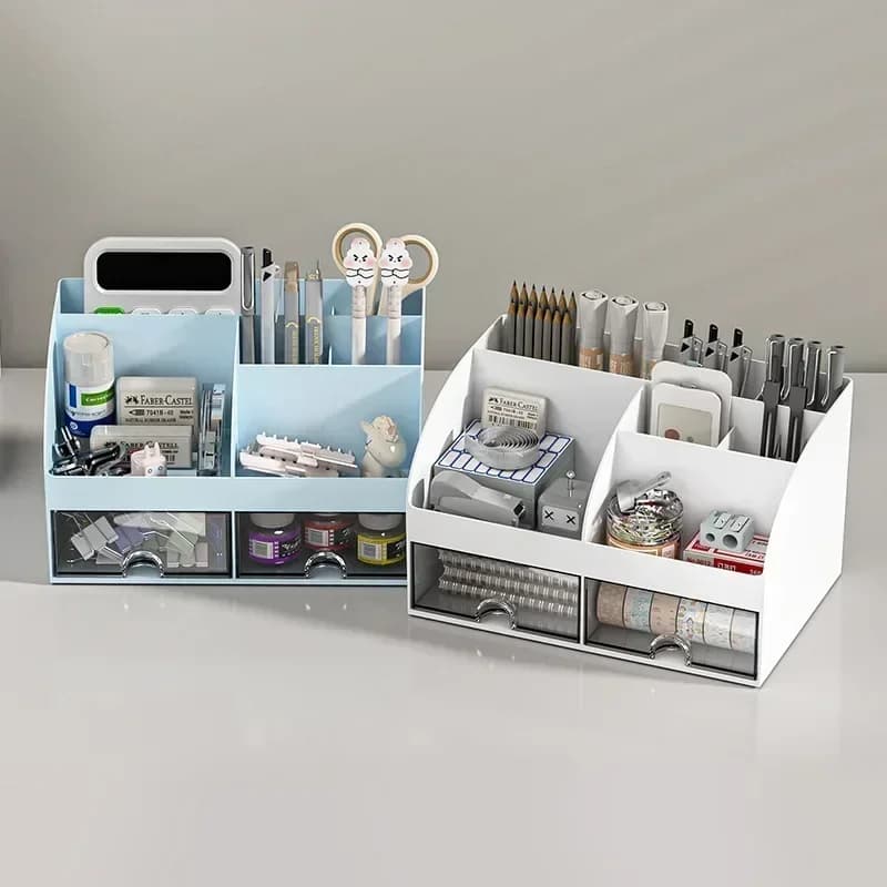 Desk Organizer with 2 Drawers, Plastic Cosmetic Storage, Desktop Organizer Set, Pencil Holder, Perfect for Storage WORLDKPI