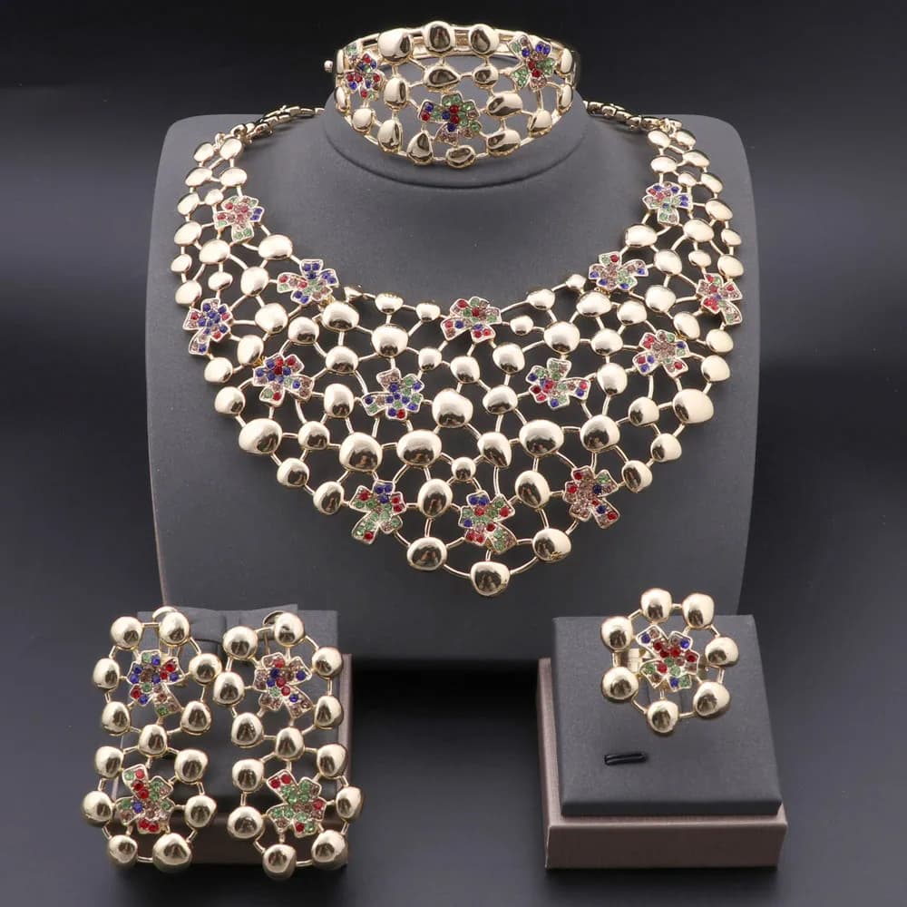 Elegant Jewelry Sets Dubai Silver Plated Jewelry Women Necklace Bracelet Earrings Ring Bride Wedding Party Accessories