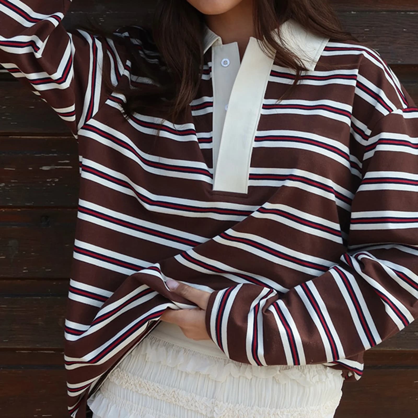 Women's Spring Fall Fashionable  Striped Print Collared Tops Casual Long Sleeve Loose Fit Lapel T-shirts