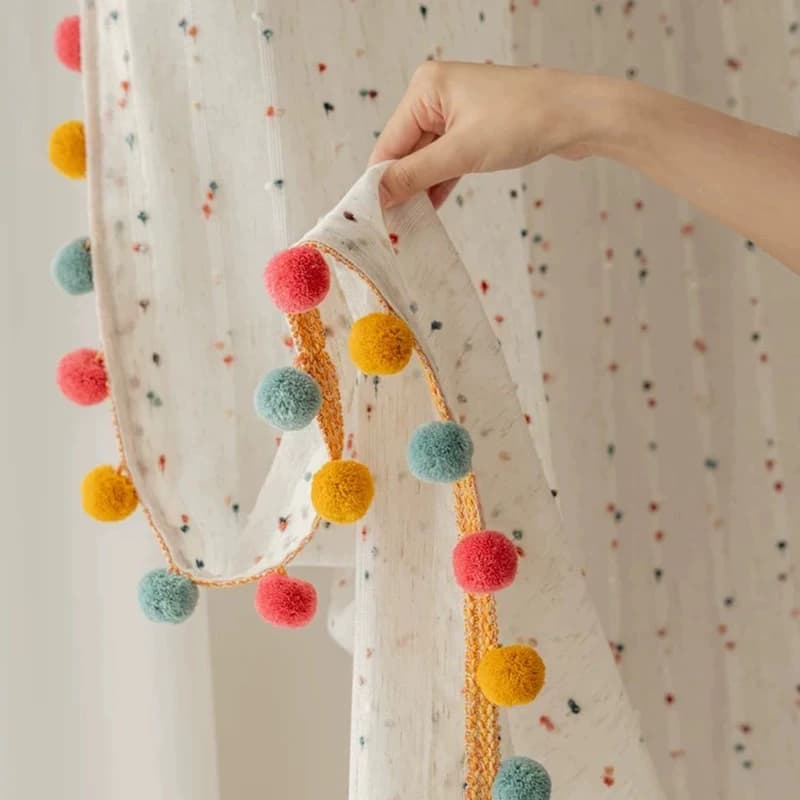 Rainbow Stripe Sheer Curtain Panels with Pompom Trim