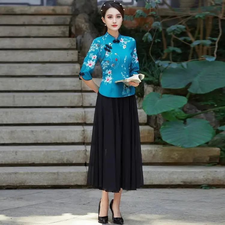 Embroidered Qipao Cheongsam Top with Pants Set