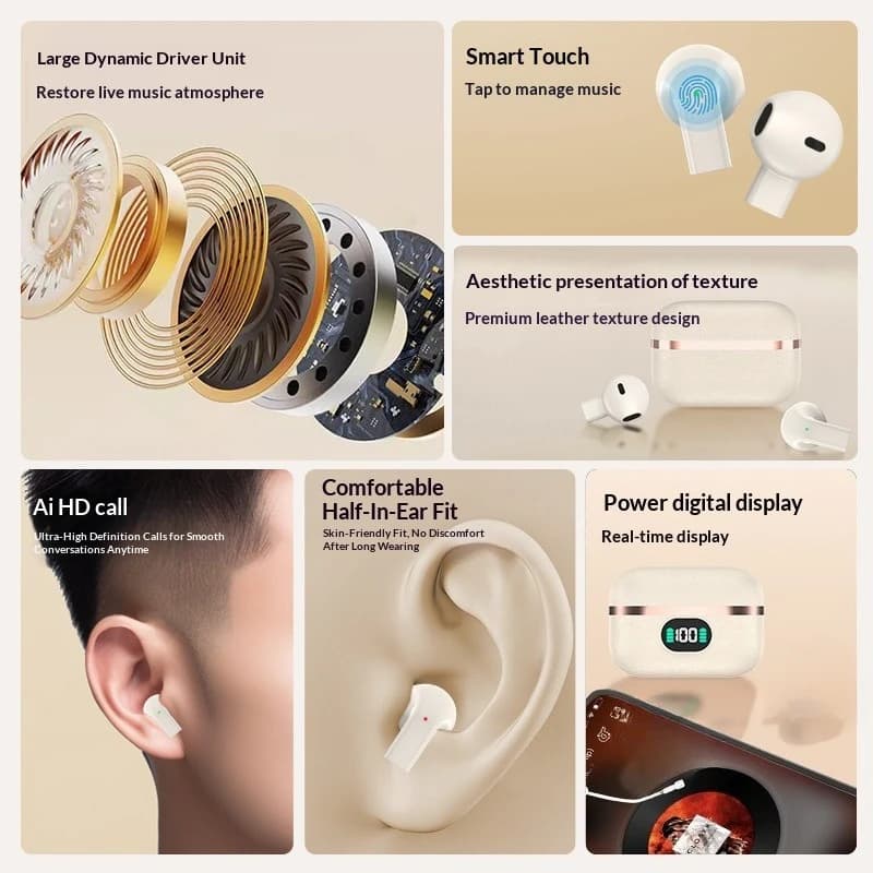 Semi-In-Ear TWS Wireless Earbuds Sleek Stylish Design Long Endurance Battery Built-In Mic Ideal Headphones for Daily