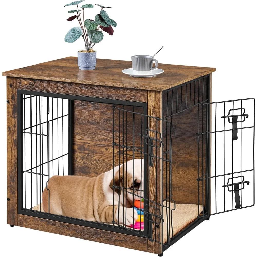 Wooden Dog Crate End Table with Double Door