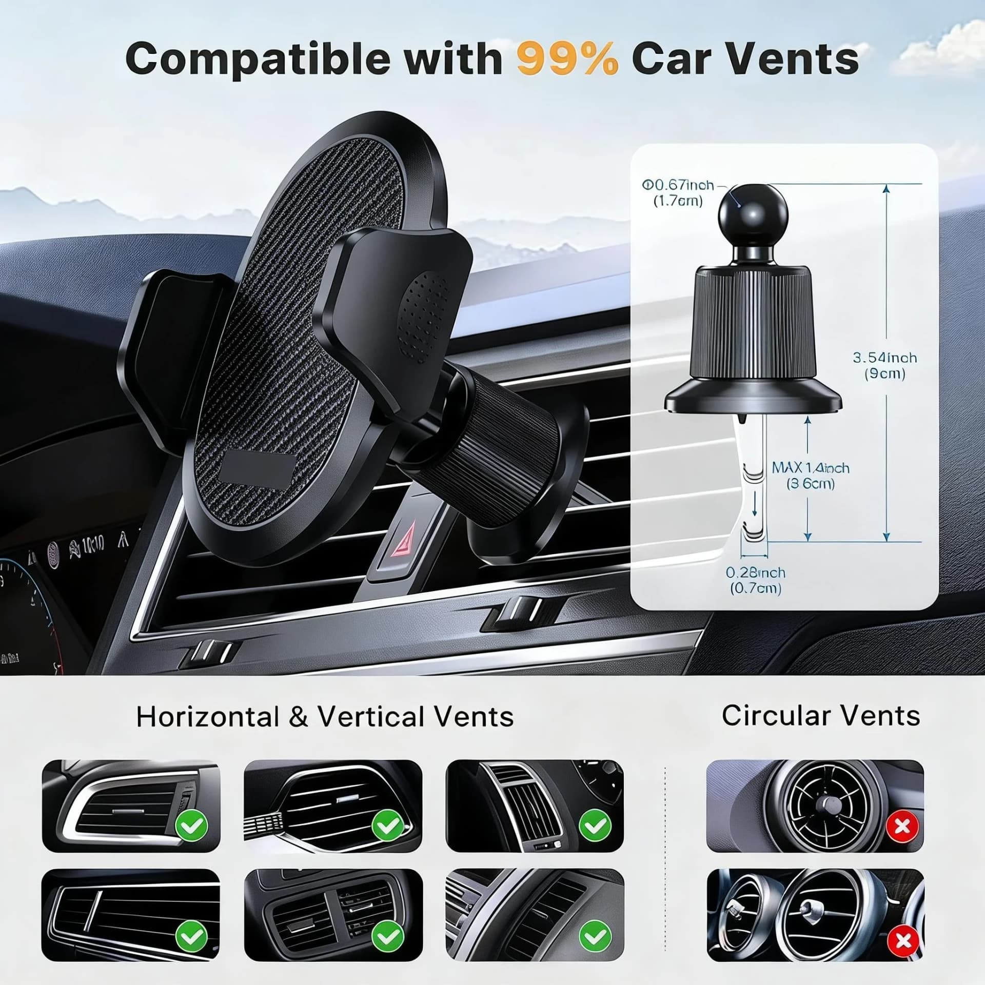 Car Phone Mount (with Metal Hook Clip) Air Vent Phone Holder Universal Car Mount, Compatible with Garmin GPS, iPhone, Android