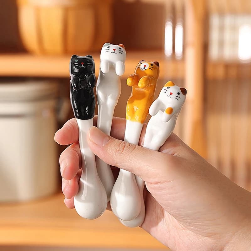 Ceramic Cartoon Cute Cat Animal Mixing Spoon Hanging Short Handle Coffee Dessert Spoon Flatware Kitchen Tool