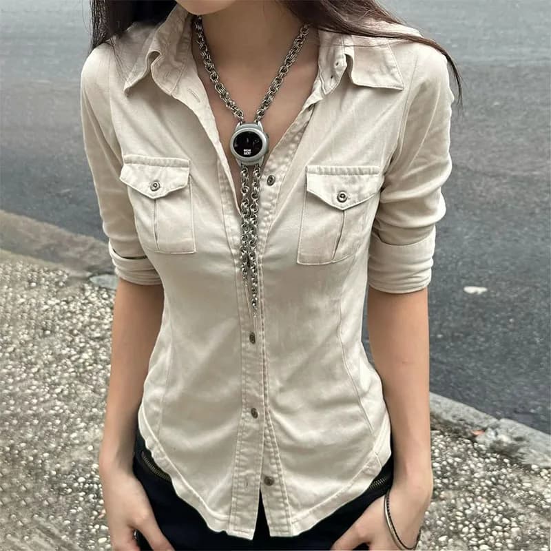 Half-Sleeve Button-Up Blouse Y2K