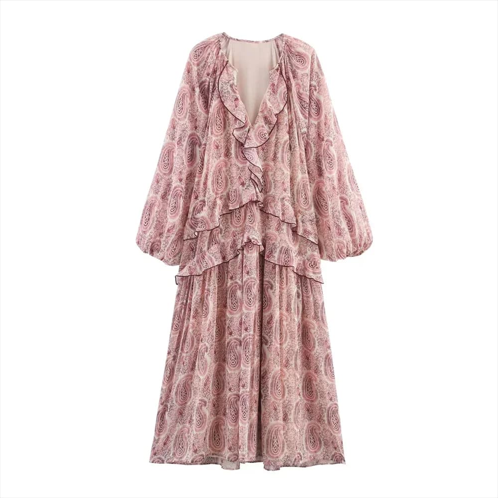 Women Fashion Printed Dresses Female Long Sleeve V-Neck Evening Dress Spring Summer Chic Streetwear Lady Elegant Chiffon Dresses