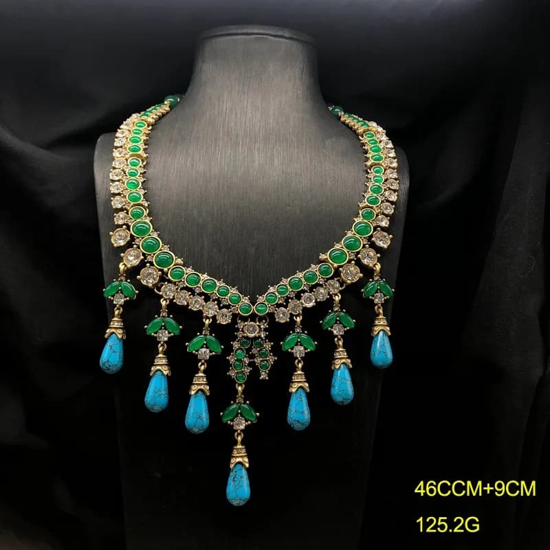 High‑Grade Jewelry Set, Blue Turquoise & Agate Beaded Necklace & Tassel‑Pendant Earrings, Luxury Elegant Women Fashion Accessory